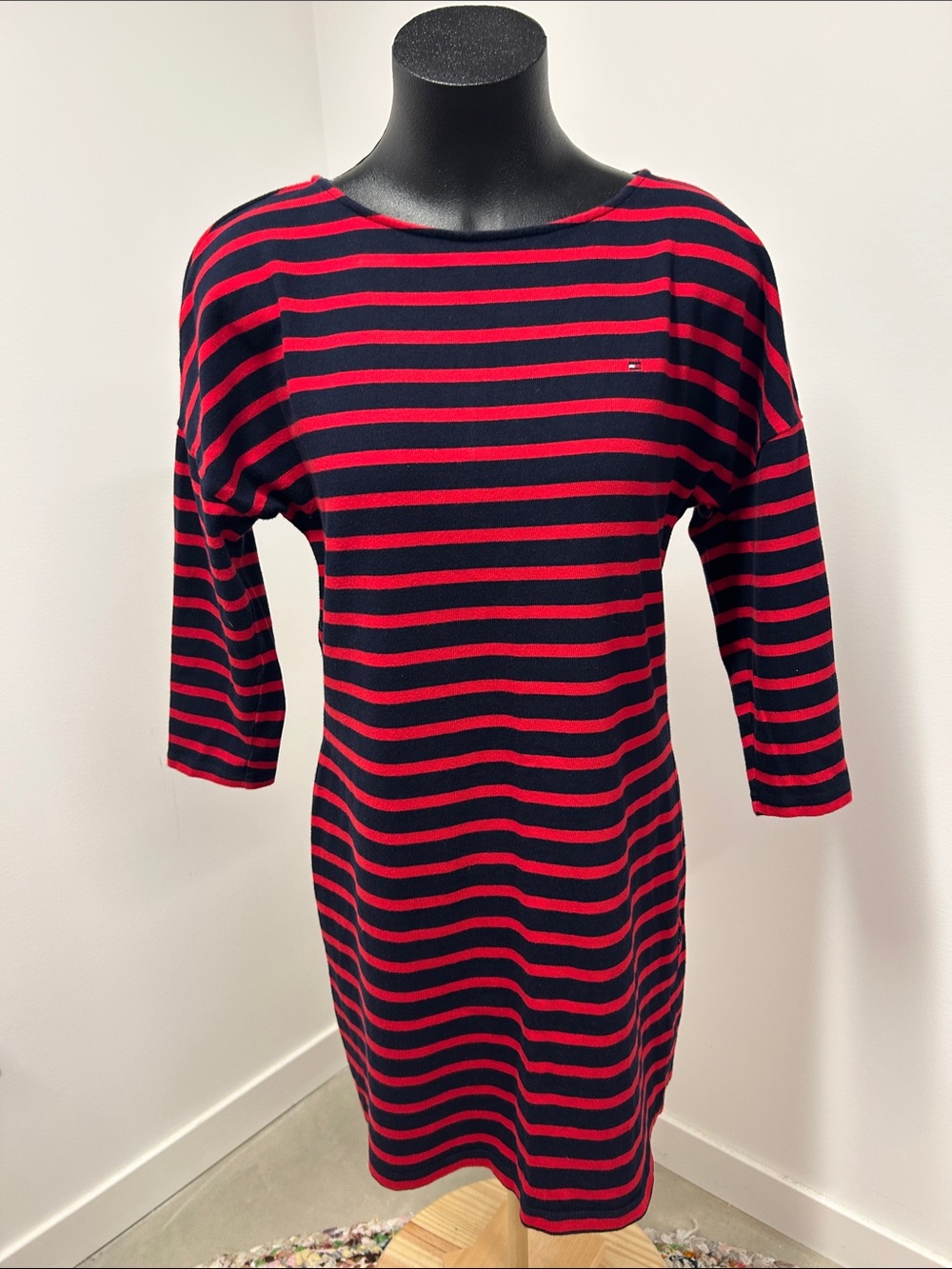 Tommy Hilfiger 100% Cotton Red Navy Stripe Long Sleeve Casual Dress Size L